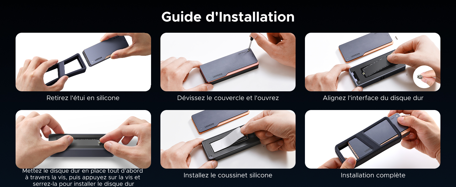 Guide d'installation de la coque de téléphone avec six images étape par étape montrant le processus d'application de l'adhésif silicone, l'alignement des composants de la coque et l'assemblage final sur un smartphone