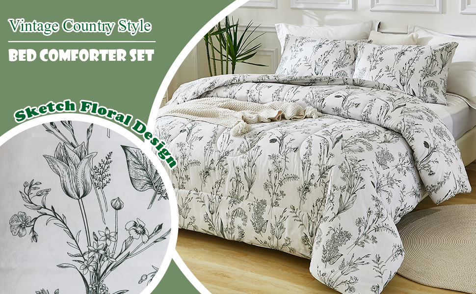 Twin Size Floral Comforter Set Green Leaf Botanical Bedding Comforter