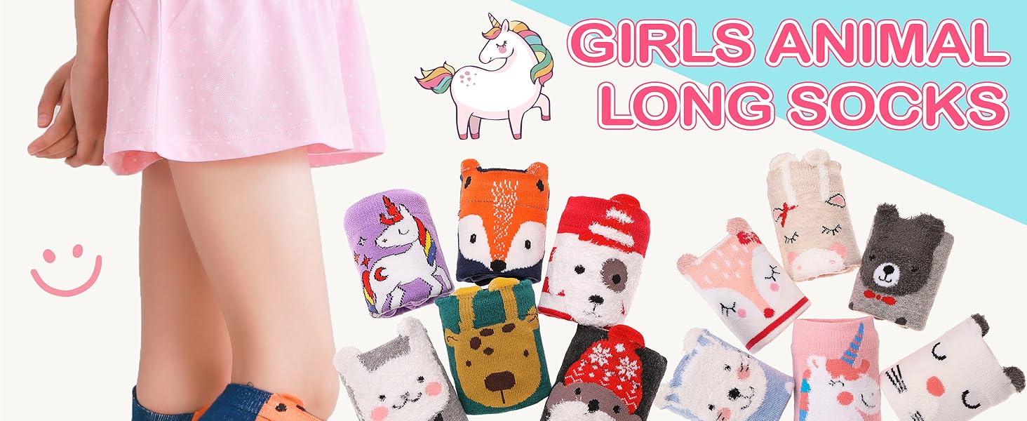 MOGGEI 6 Pairs Kids Girls Knee High Socks Gift Long Crazy Silly Tall Funny Boot Cute Animal Child Fun Socks 10 MOGGEI 6 Pairs Kids Girls Knee High Socks