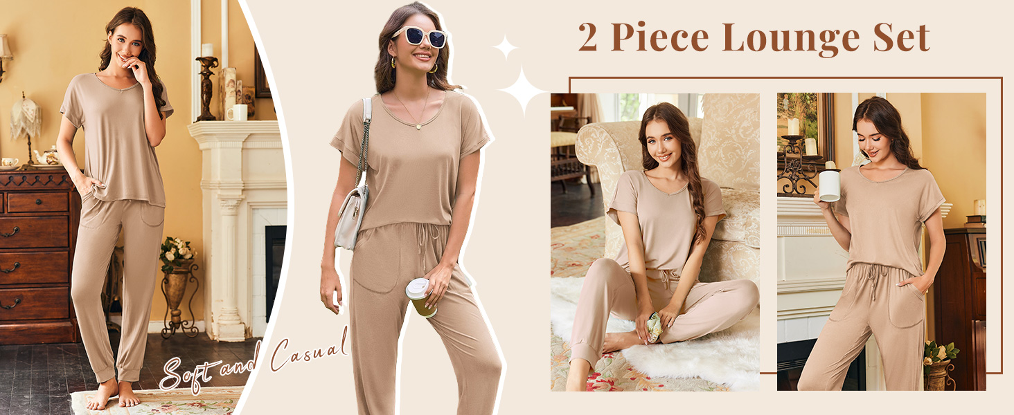 women's pajama set short sleeve loung set 2 piece pajamas v neck top and jogger pants cute loung set