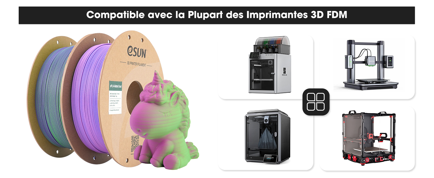 Bobines de filament d'imprimante 3D colorées assorties présentées avec différents modèles d'imprimantes 3D. Les filaments sont présentés dans des couleurs vives, notamment le violet, le vert et le rose.