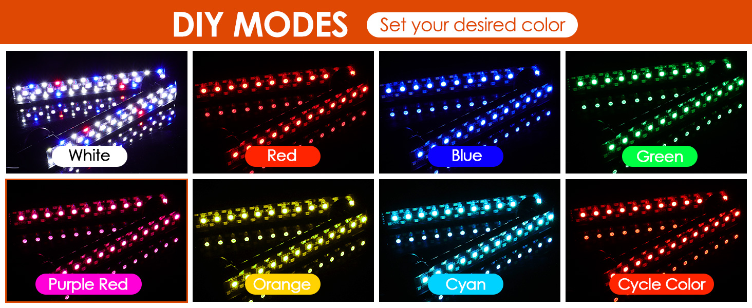 Der Text lautet „DIY-MODI“. Anzeige von LED-Lichtstreifen mit verschiedenen Farboptionen, darunter lila, rot, blau und gelb, in mehreren Konfigurationen.
