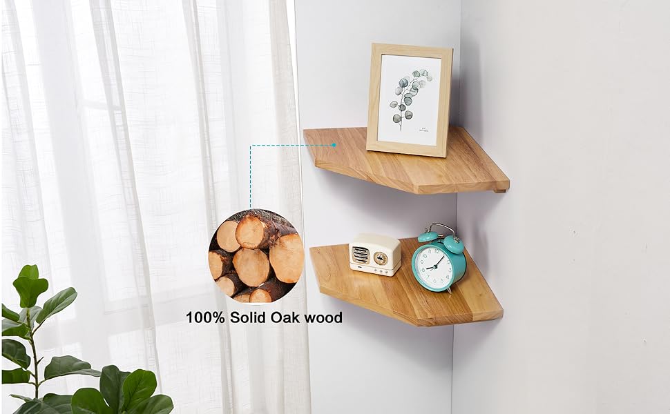 GIEANOO Corner Shelf, Set of 2 Solid Oak Wood Floating Corner Shelf