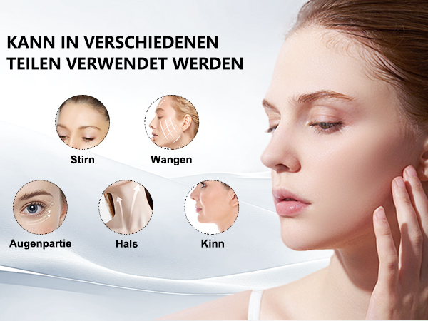 Der Text lautet „KANN IN VERSCHIEDENEN TEILEN VERWENDET WERDEN“. Diagramm, das die behandelten Gesichtsbereiche zeigt: Stirn, Wangen, Augenpartie, Hals, Kinn.