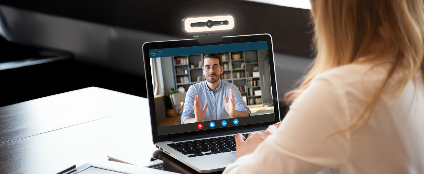 Multiple views of video conferencing setup showing laptop screen and lighting equipment arrangement for optimal online meeting conditions.