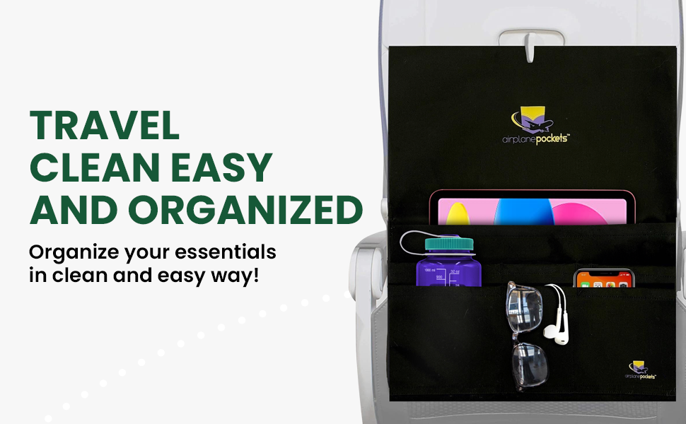 Convenient airplane tray table cover with built-in organizers for keeping in-flight items within reach