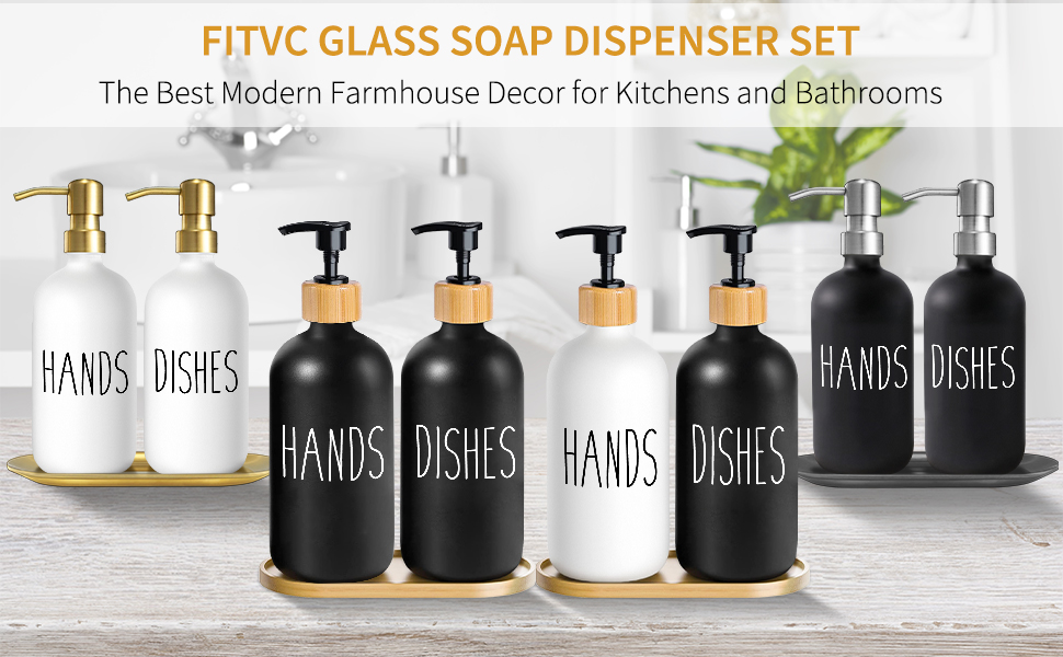 Black Glass Kitchen Soap Dispenser Set with Tray Hand and
