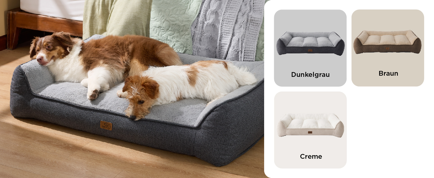 Produktpräsentation für heimtiermöm mit der Einer rampe oinem Bett aus Plüsch in Versschiedenen farboptionen, Darunter Dunkelgrau, Braun und Creme.