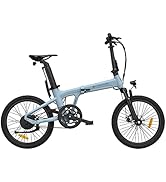 Light blue folding electric bicycle with black accents. Features compact frame, 20-inch wheels, disc brakes, and integrated battery. Handlebars and seat post appear adjustable.