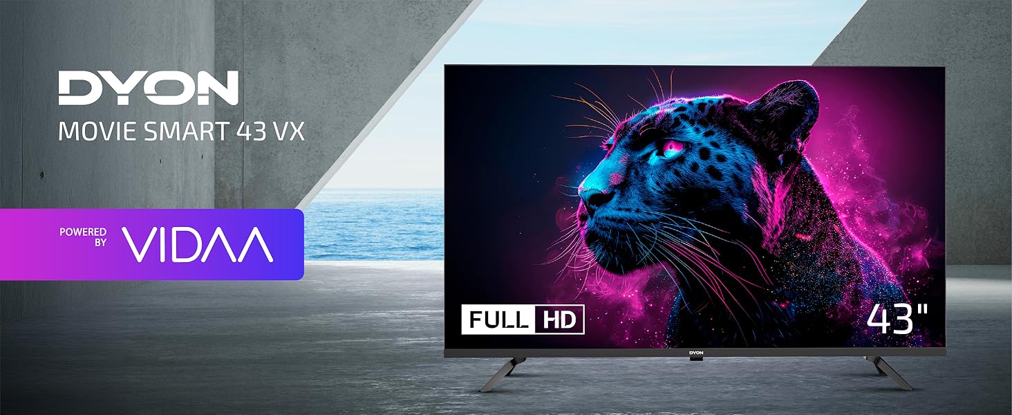 43-Zoll-Full-HD-Smart-TV mit farbenfrohem Pantherbild. Der Fernseher hat dünne Rahmen und ein schlankes Profil. Markenname Dyon sichtbar mit der Modellbezeichnung „Movie Smart 43 VX