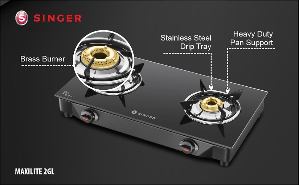 Singer 2 Burner Gas Stove Glass Top Manual Ignition Maxilite 2GL