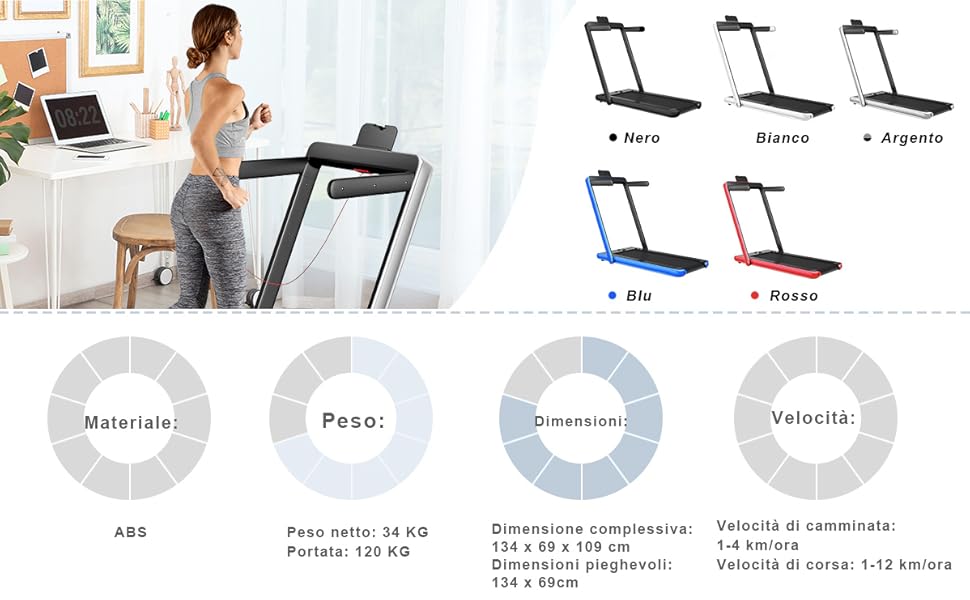 COSTWAY Tapis Roulant Elettrico Pieghevole Salvaspazio, Tapis Roulant Velocità Regolabile 1-12 Km/h, Con Altoparlante, Bluetooth, Telecomando E Schermo LED, Portata 120 Kg (Verde) 15 5