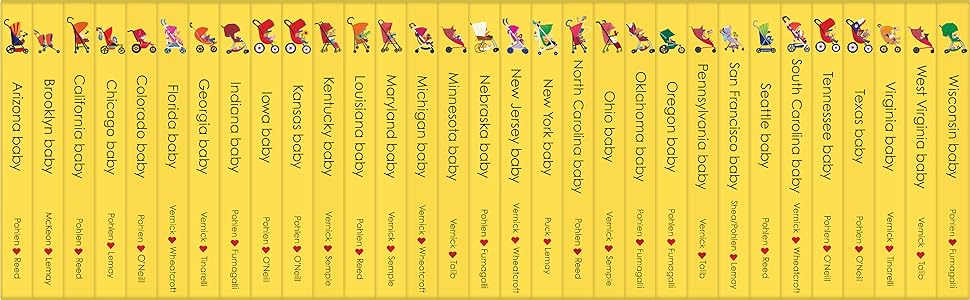 Yellow book spines for titles in the local baby series from hometown world