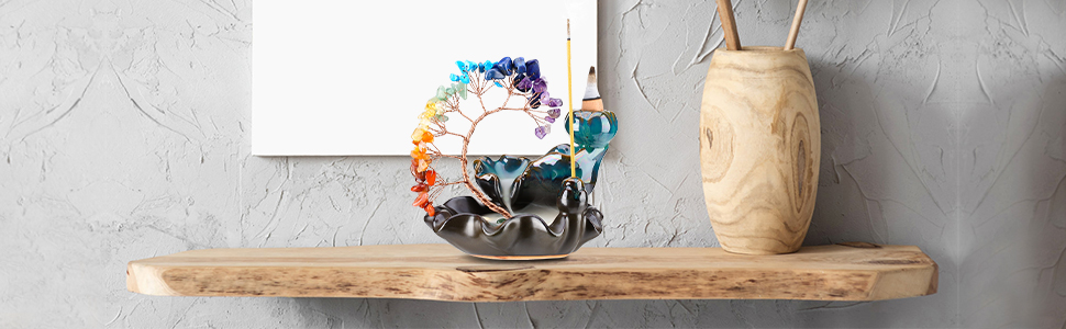Backflow Incense Burner Ceramic Incense Waterfall 7 Chakras Crystal Tree Namaste