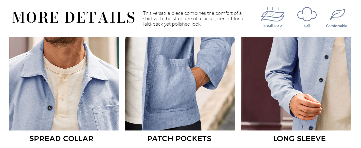 Mens Linen Shirt Jacket Button Down Long Sleeve Shacket Casual Lightweight Jacket Coat