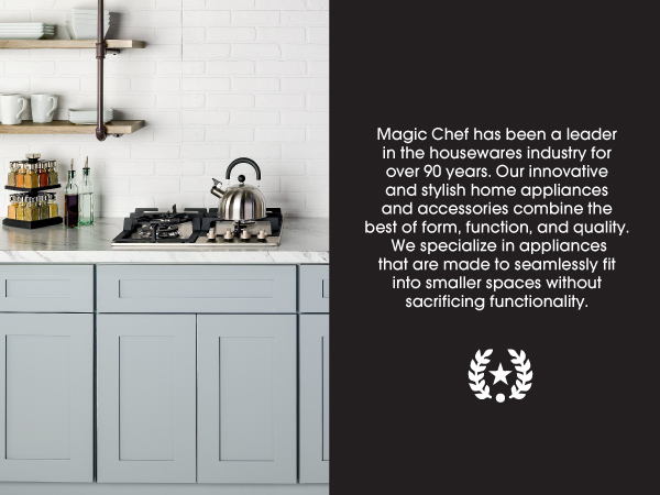  A kitchen with a counter and cupboards. Text reads: Innovative and stylish appliances.