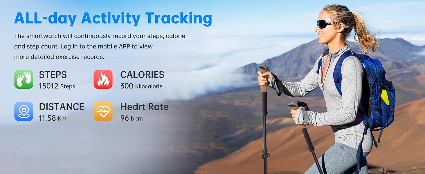 Fitness tracking app interface showing activity statistics including steps, calories, and heart rate against mountain hiking backdrop.