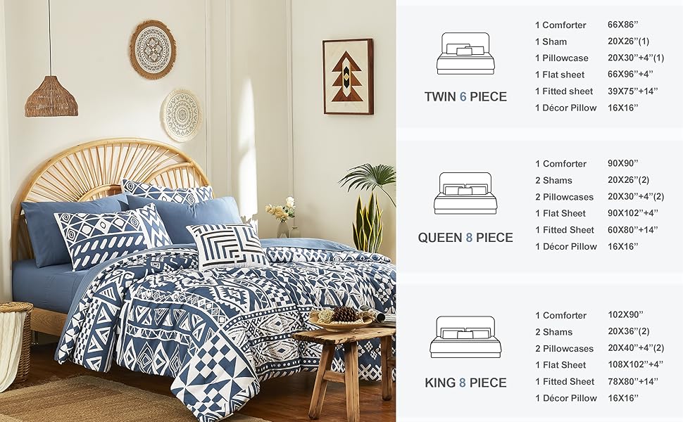 Geniospin Queen Comforter Sets, Boho Reversible Bedding Set