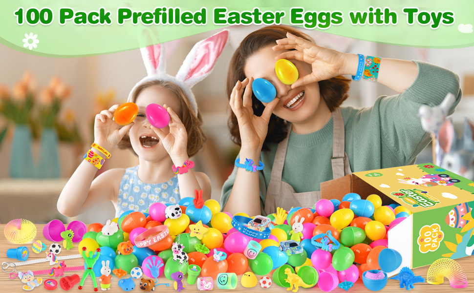 100 Pack Prefilled Easter Eggs with Toy Inside, Filled