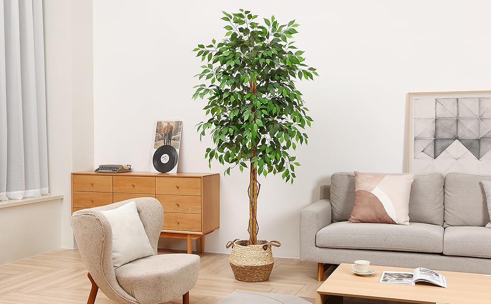 JINDUN Artificial Ficus Tree with Natural Wood Trunk, Silk Fake Ficus