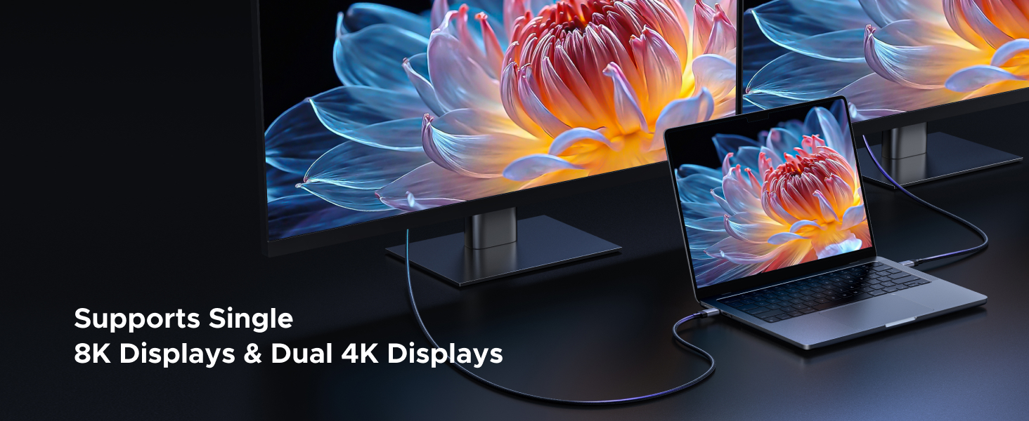 Text reads 'Image 4' and 'Supports Single 8K Displays & Dual 4K Displays'. Display setup showing colorful abstract visuals across multiple screens.