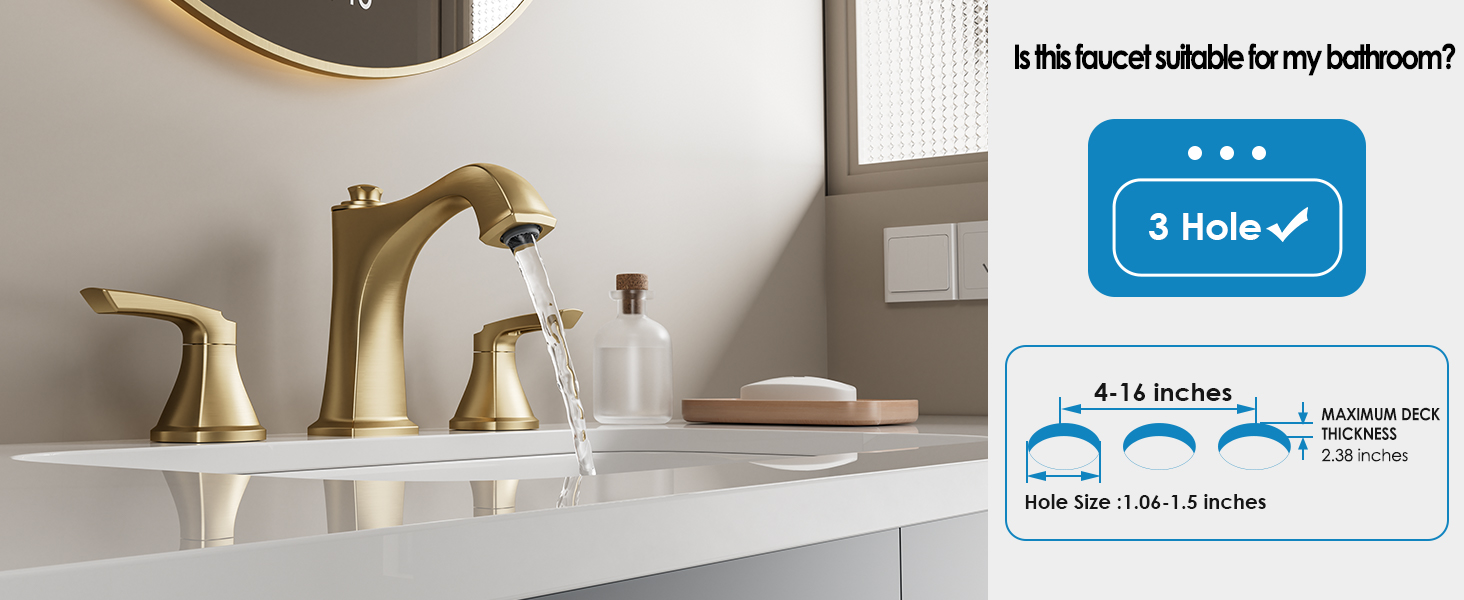 Brushed Gold Bathroom Sink Faucets, Two Handle Vanity Faucet 3 Holes with Drain Assembly