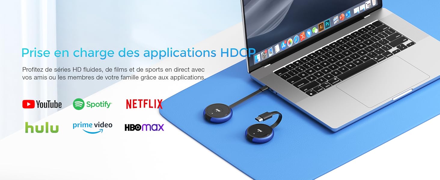 avec les logos des services de streaming, notamment Netflix et Hulu, affichés, ainsi que des écouteurs sans fil sur une surface bleue