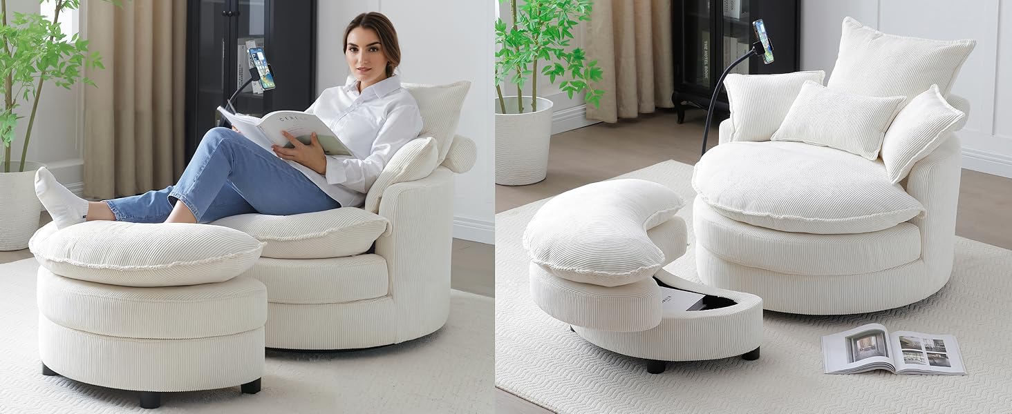 Chair and A Half moon Ottoman, Modern Circle Round Seat Sofa Comfy Accent Chairs Lounge 4 Pillows