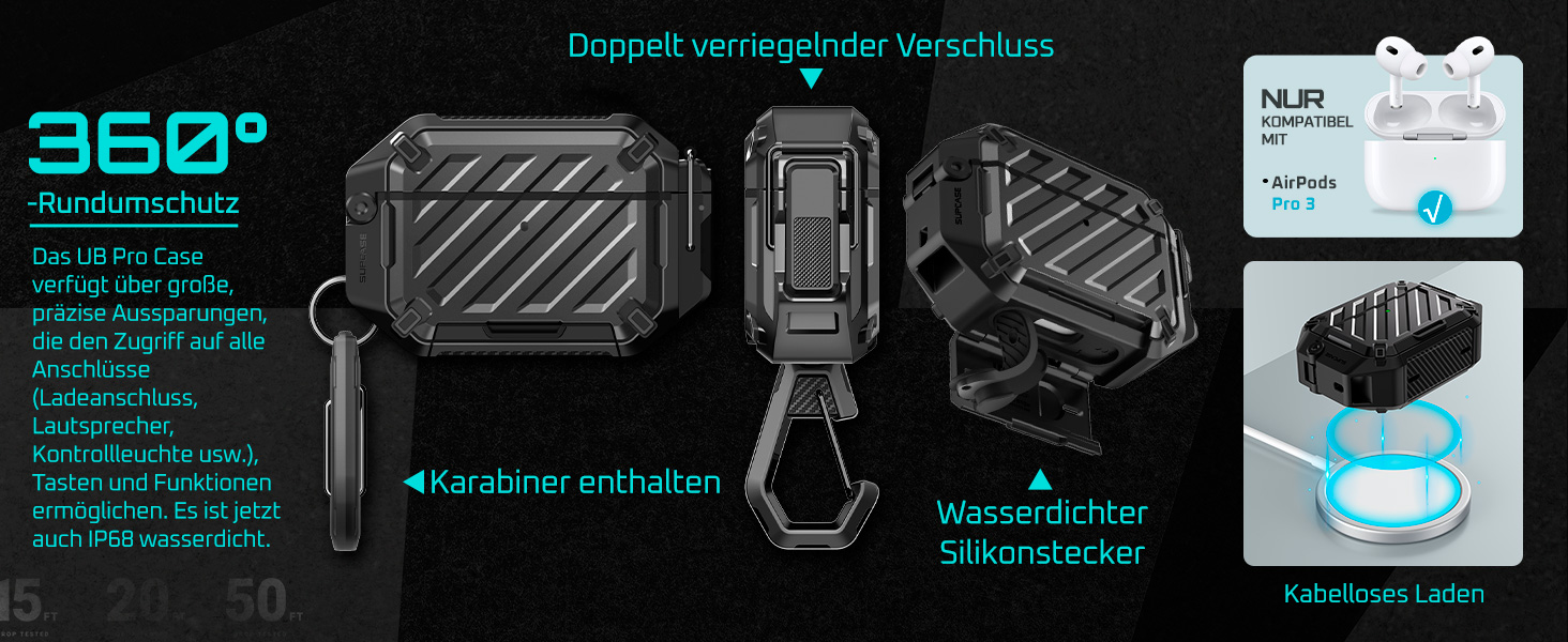 Technisches Diagramm, das eine 360-Grad-Produktvisualisierungssequenz mit mehreren Ansichten eines schwarzen elektronischen Geräts zeigt. Blaue Anmerkungen und Pfeile stehen für verschiedene Winkel und Merkmale.