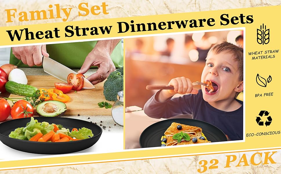 32pcs Wheat Straw Dinnerware Sets, Kitchen Plastic Plates and Bowls Sets Unbreakable