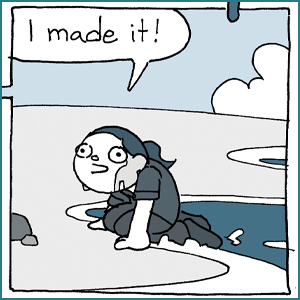 Comic panel of a child on a beach saying "I made it!"