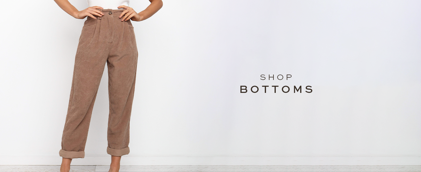 Model wearing brown pants with text &#34;Shop Bottoms&#34;