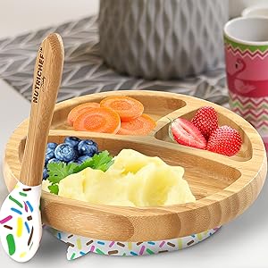 Round Bamboo Baby Plate;Wooden Toddler Plate;Stay Put Feeding;BPA-Free