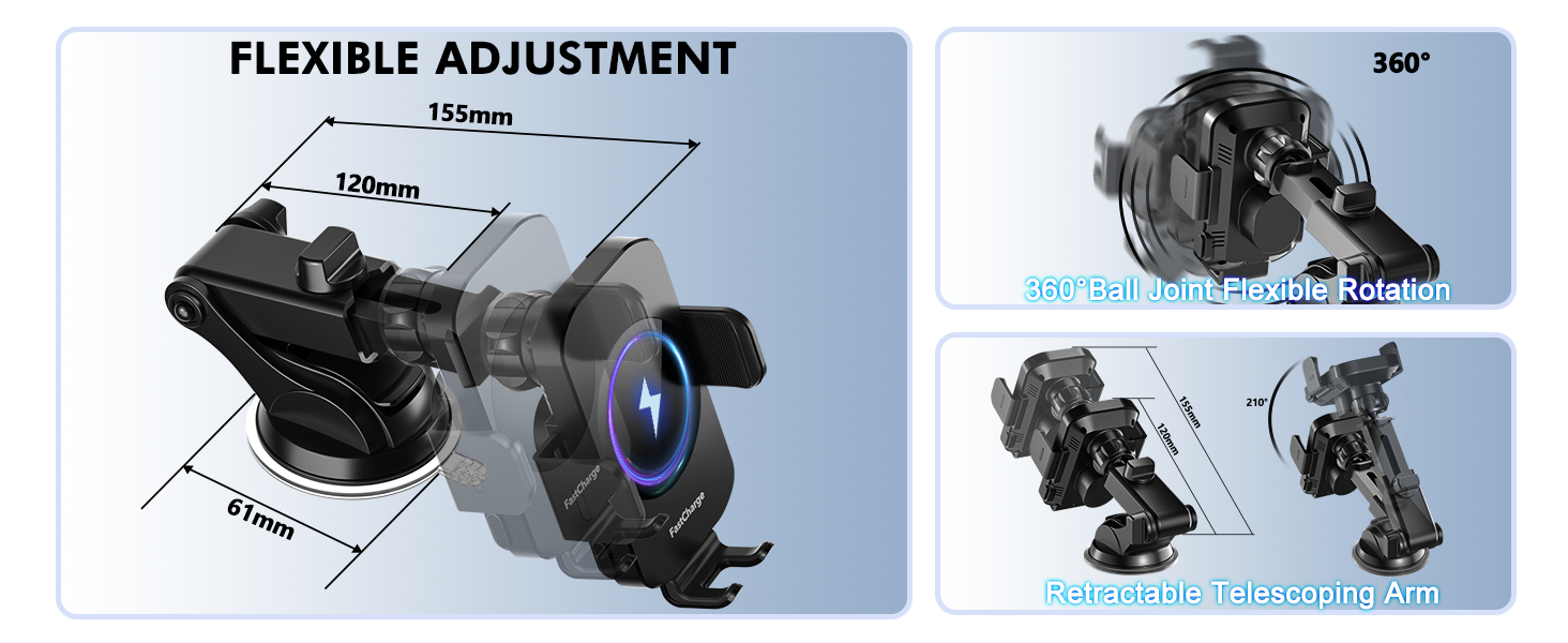 Mounting bracket with flexible adjustment features, showing 360-degree rotation capability and technical measurements in multiple view diagrams.