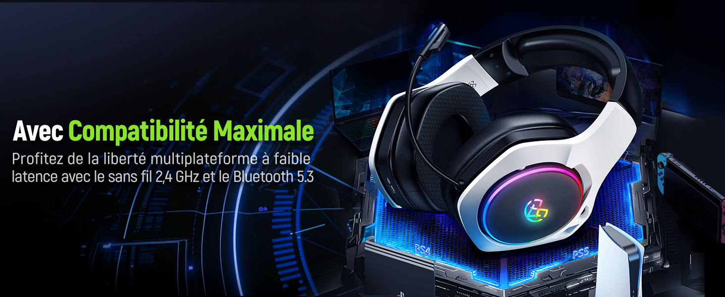 avec éclairage RGB sur les oreillettes, présenté sur une plateforme hexagonale lumineuse. Comprend une compatibilité multiplateforme et une connexion sans fil 2,4 GHz avec connectivité Bluetooth 5.3