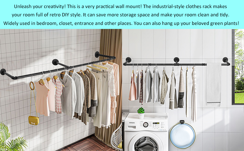DQN　K BQKOZFIN Industrial Pipe Wall Mounted Clothes Rack Width