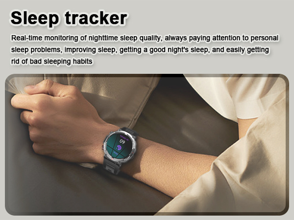 Smartwatch-style sleep tracker worn on wrist of sleeping person. Device monitors nighttime sleep quality and helps improve sleep habits.