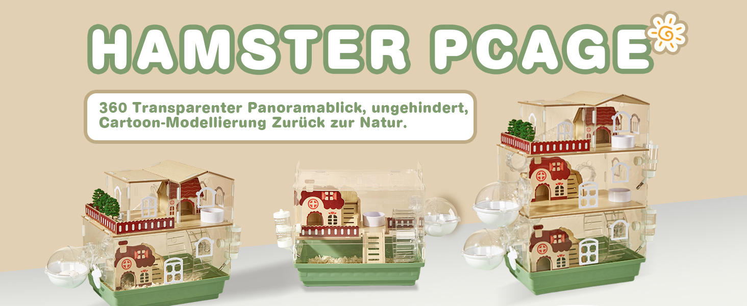 Drei als Miniaturhäuser konzipierte Hamsterkäfige mit mehreren Ebenen, transparenten Wänden und grünen Sockeln. Der Text weist auf eine ungehinderte 360-Grad-Ansicht und eine Modellierung im Cartoon-Stil hin.