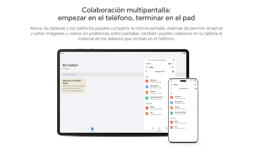 Ilustración de la colaboración multidispositivo. Muestra una tableta y un smartphone con interfaces sincronizadas de aplicaciones para tomar notas,