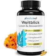 Dietary supplement bottle labeled 'Weitblick' by plusthnxl, with marigold flowers and capsules displayed alongside.