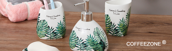 Irregular Shape Bathroom Accessories Set, 4 Piece Tropical Leaves Design Ceramic Bath Accessory Set