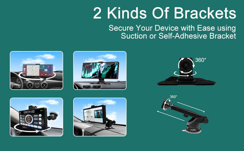 Device mounting brackets showcasing suction and adhesive options. Multiple images display various devices secured to surfaces, including car dashboards and desks.