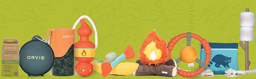 Array of dog toys and accessories in front of a green map background