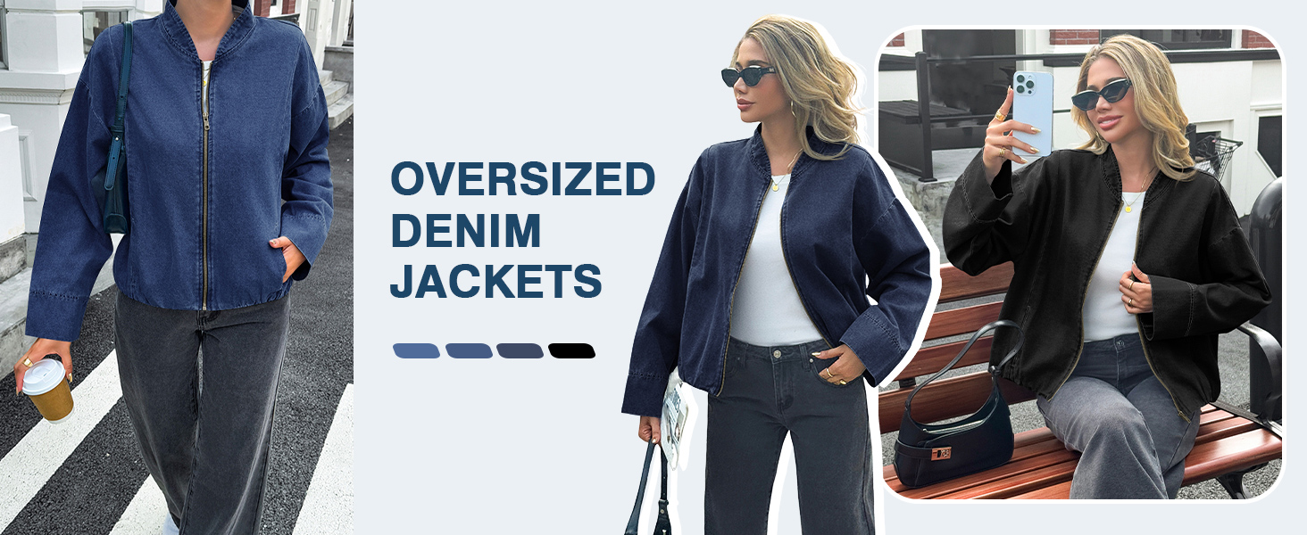Denim Bomber Jacket Zip Up Cropped Lightweight Jean Jacket Fall Casual Outerwear with Pockets