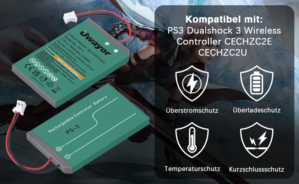Uwayor Akku PS3 Controller Akku PS3 Ersatz Akku 2X 1860mAh für Sony