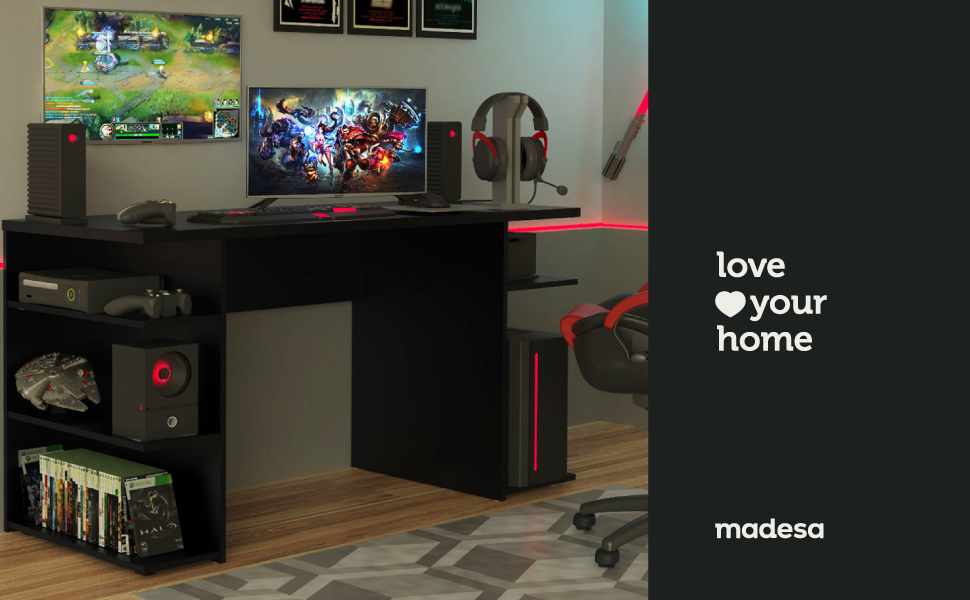 Madesa Gaming Computer Table and Office Desk with 5 Shelves and Cable Management, Wood