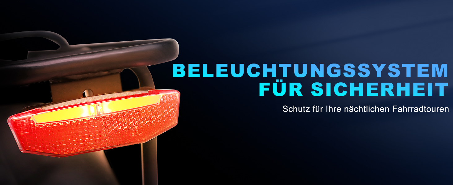Der Text lautet „BELEUCHTUNGSSYSTEM FÜR SICHERHEIT“. Das rote LED-Sicherheitslichtsystem ist auf dunklem Hintergrund montiert abgebildet.