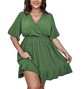 SCOMCHIC Plus Size Casual Summer Dress for Women Swiss Dot Wrap V Neck Ruffle Sleeve Smock Boho M...