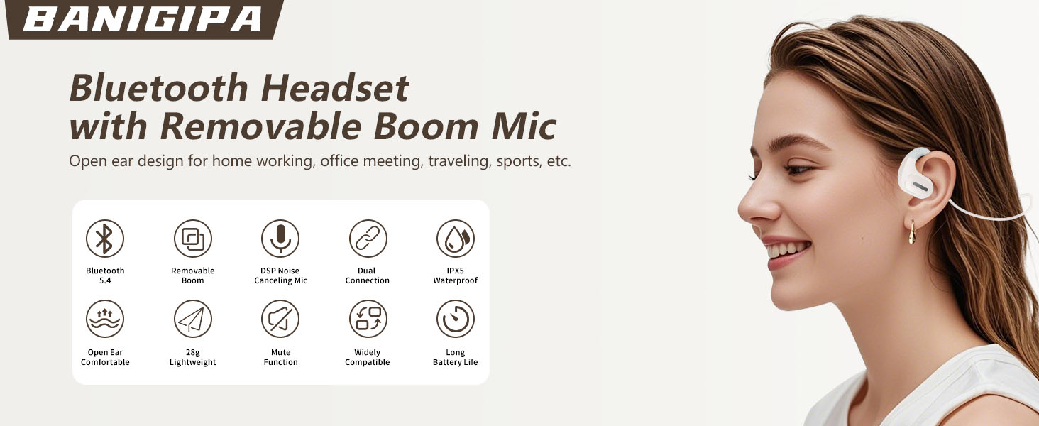 BANIGIPA Bluetooth 5.4 Headset with Microphone Noise Cancelling Open Ear Headphones for Calling 