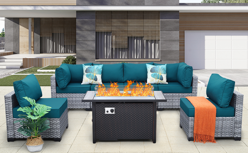 7 piece patio furniture set with fire pit table